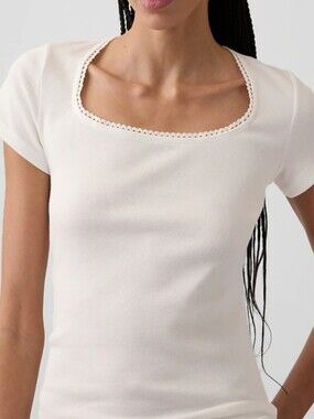 Old Navy White Square Neck Short Sleeve Tee with Trim
